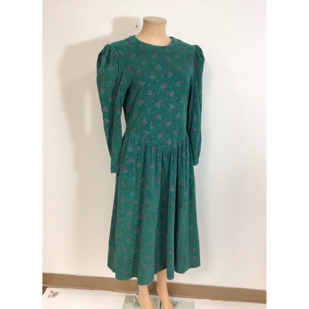 Vintage Green Corduroy Maxi Dress Boho Womens Small